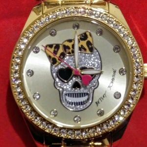 Betsey Johnson Sugar Skull Bow Watch Crystals Gold